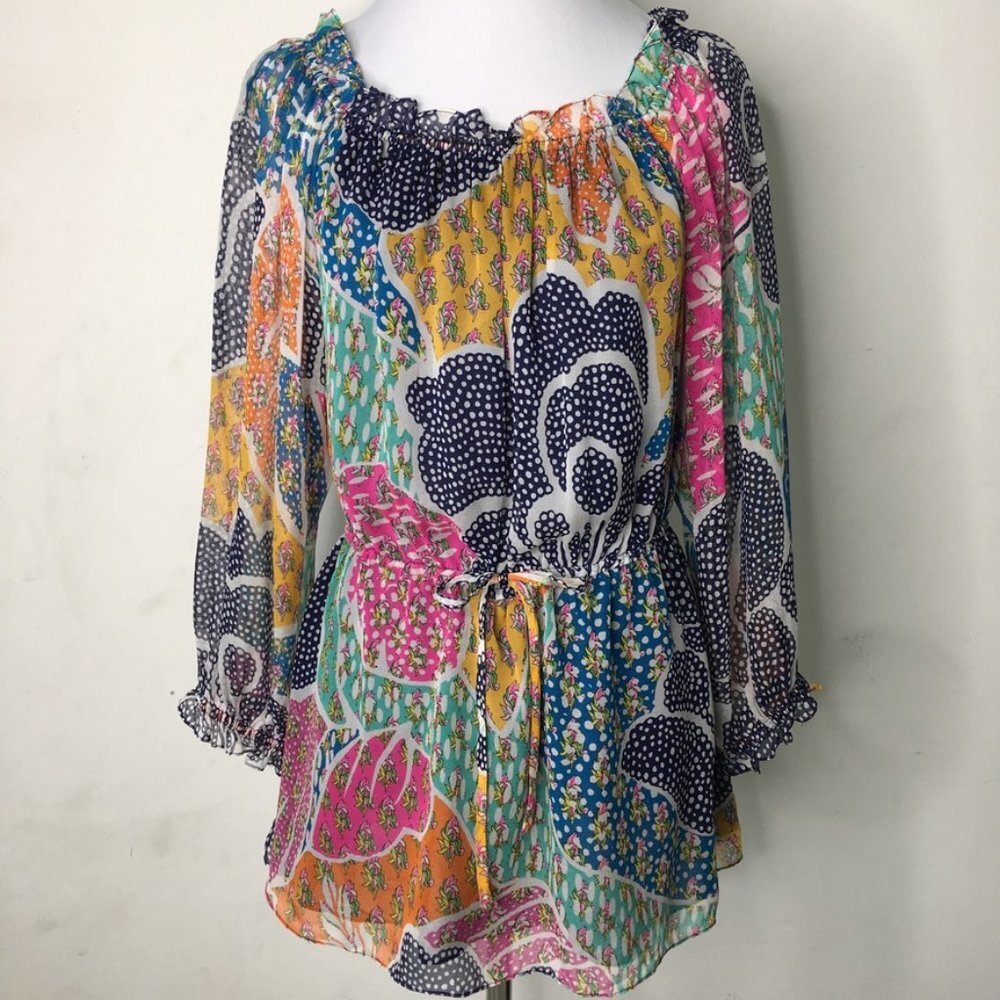 Diane Von Furstenberg Women's Multicolor Long Sleeve Silk Tunic Blouse Size 6